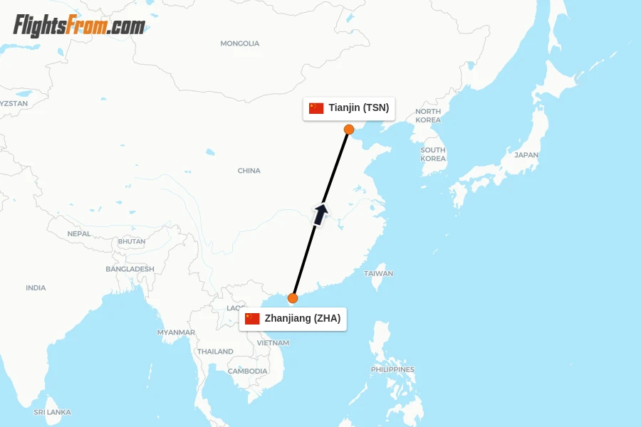 Flights from Zhanjiang to Tianjin route map