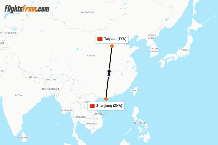 Flights from Zhanjiang to Taiyuan route map