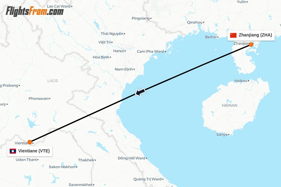 Flights from Zhanjiang to Vientiane route map