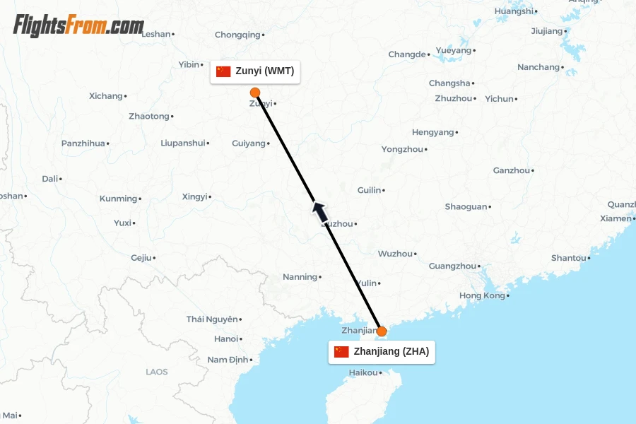 Flights from Zhanjiang to Zunyi route map