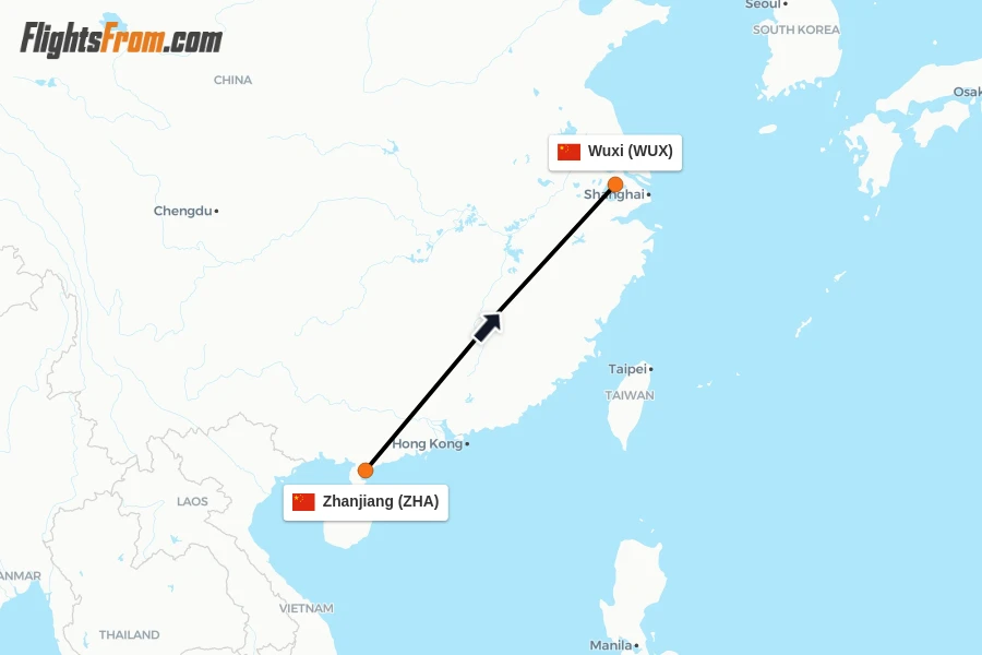 Flights from Zhanjiang to Wuxi route map
