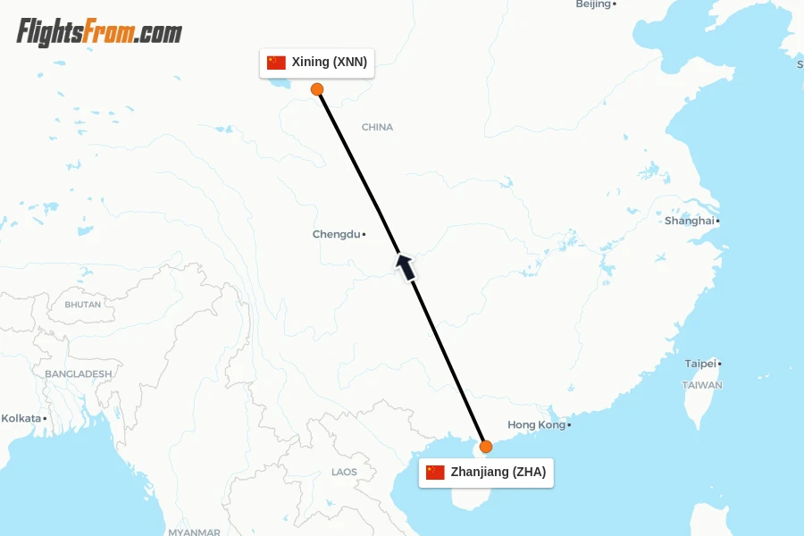 Flights from Zhanjiang to Xining route map