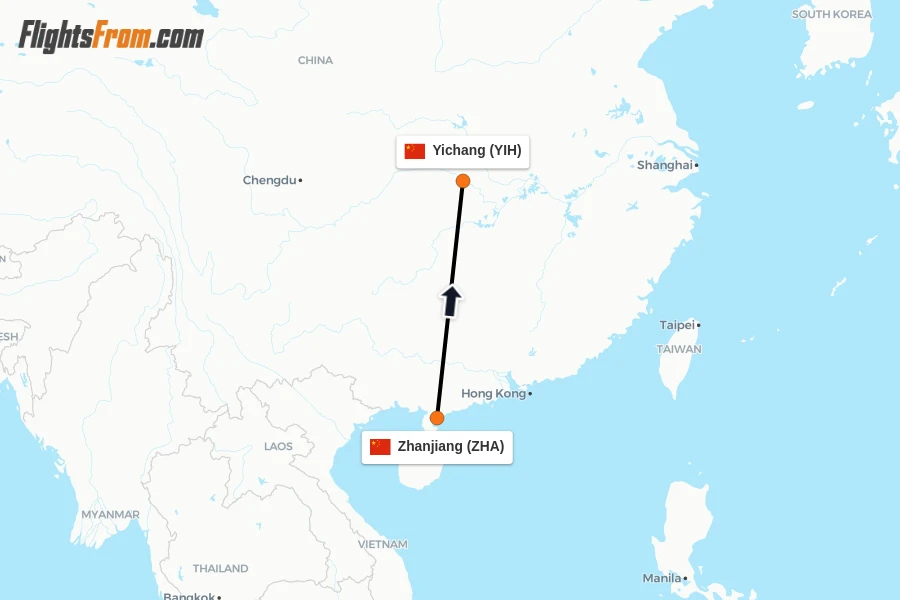 Flights from Zhanjiang to Yichang route map