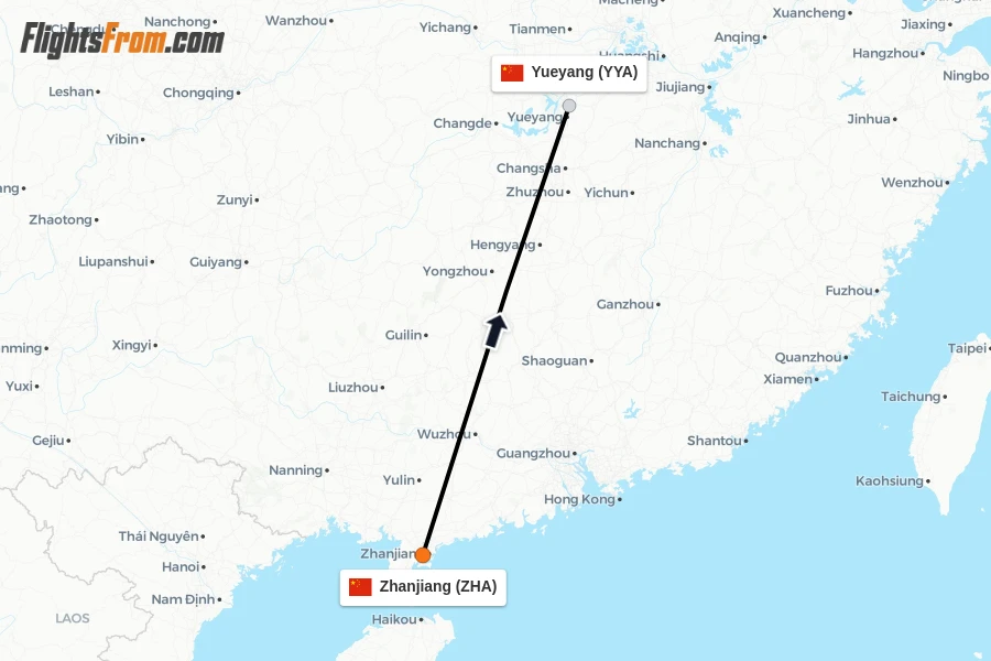 Flights from Zhanjiang to Yueyang route map