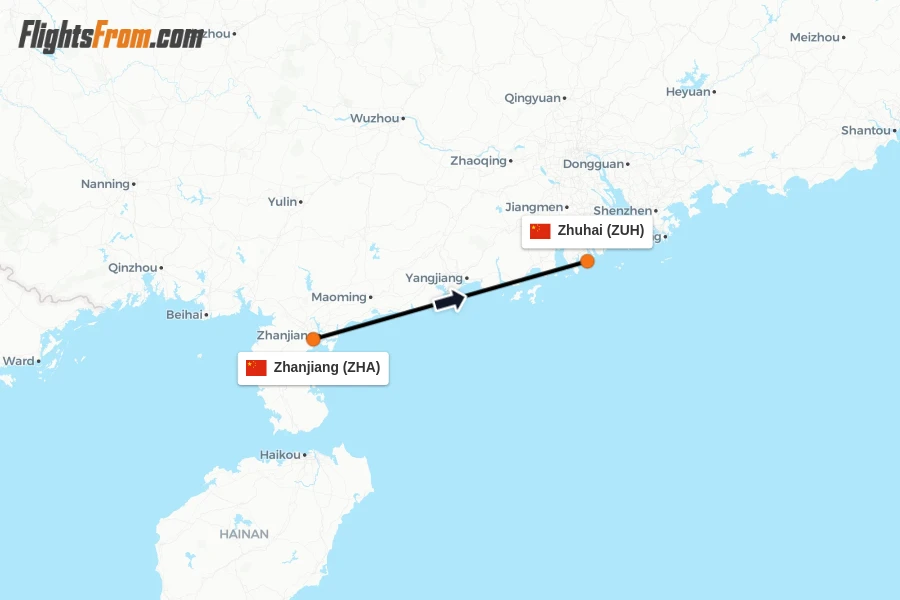 Flights from Zhanjiang to Zhuhai route map
