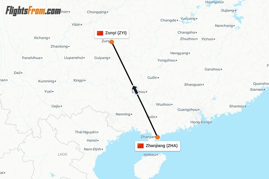 Flights from Zhanjiang to Zunyi route map