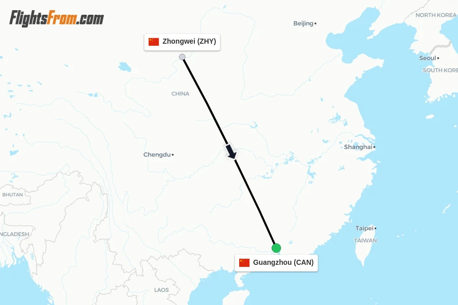 Flights from Zhongwei to Guangzhou route map