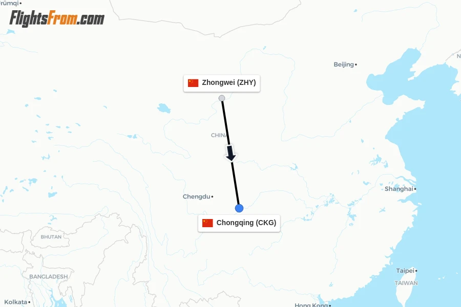 Flights from Zhongwei to Chongqing route map