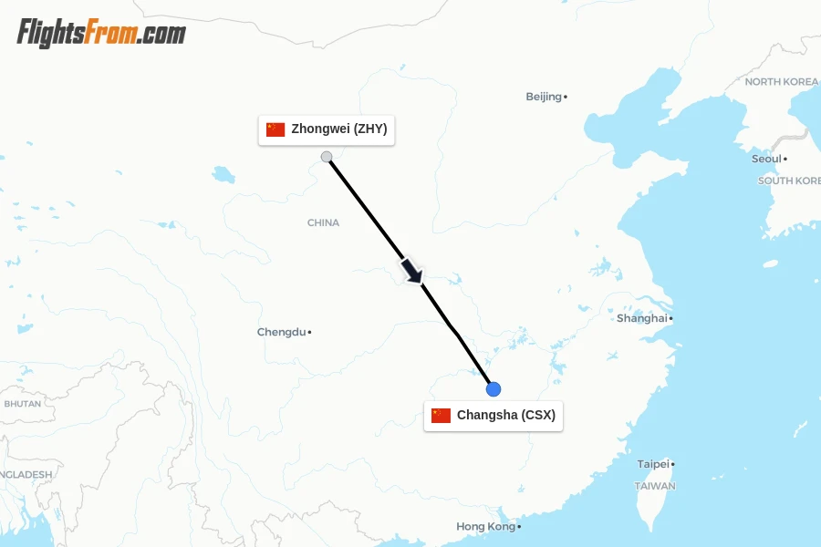 Flights from Zhongwei to Changsha route map