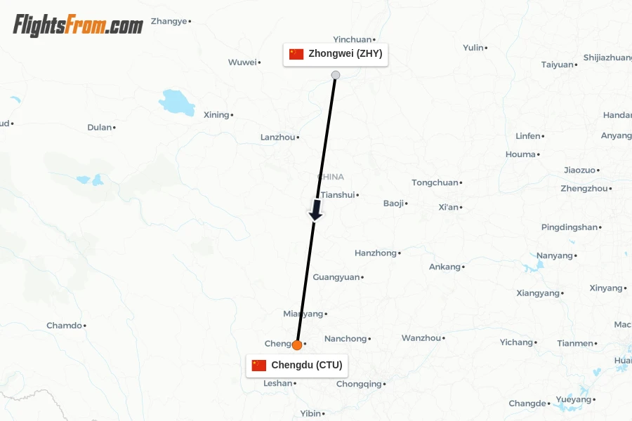 Flights from Zhongwei to Chengdu route map