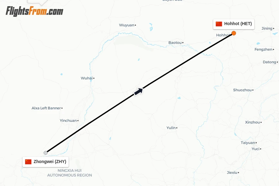 Flights from Zhongwei to Hohhot route map