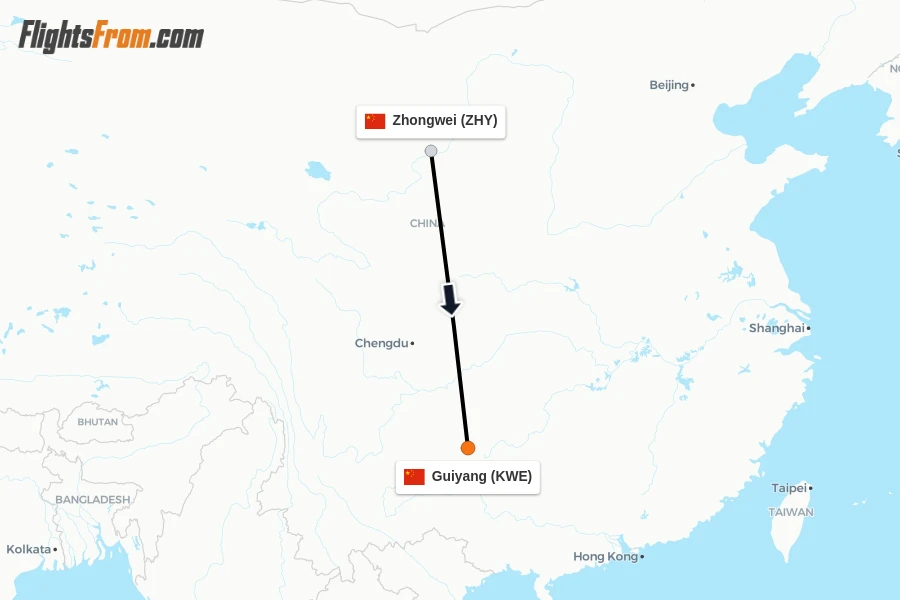 Flights from Zhongwei to Guiyang route map