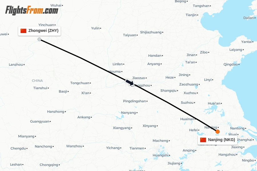 Flights from Zhongwei to Nanjing route map
