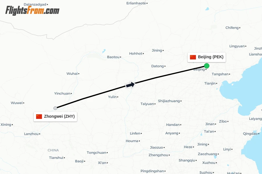 Flights from Zhongwei to Beijing route map