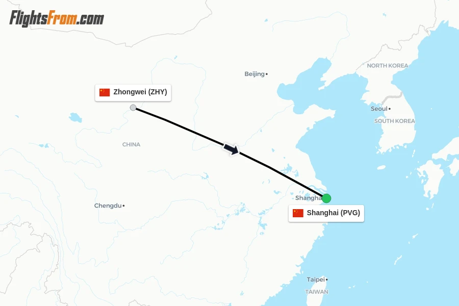Flights from Zhongwei to Shanghai route map