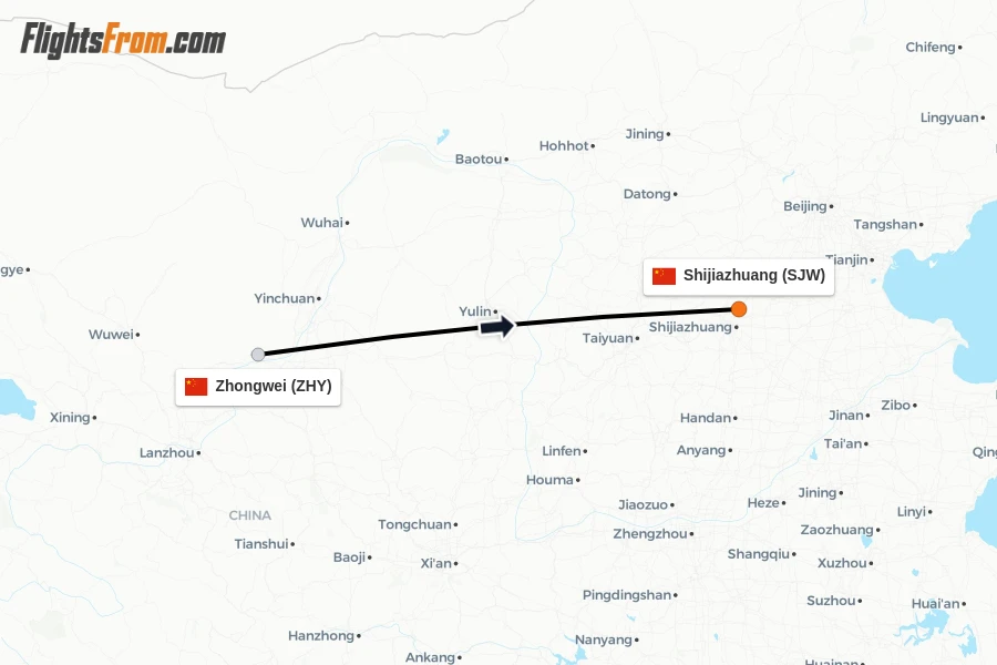 Flights from Zhongwei to Shijiazhuang route map