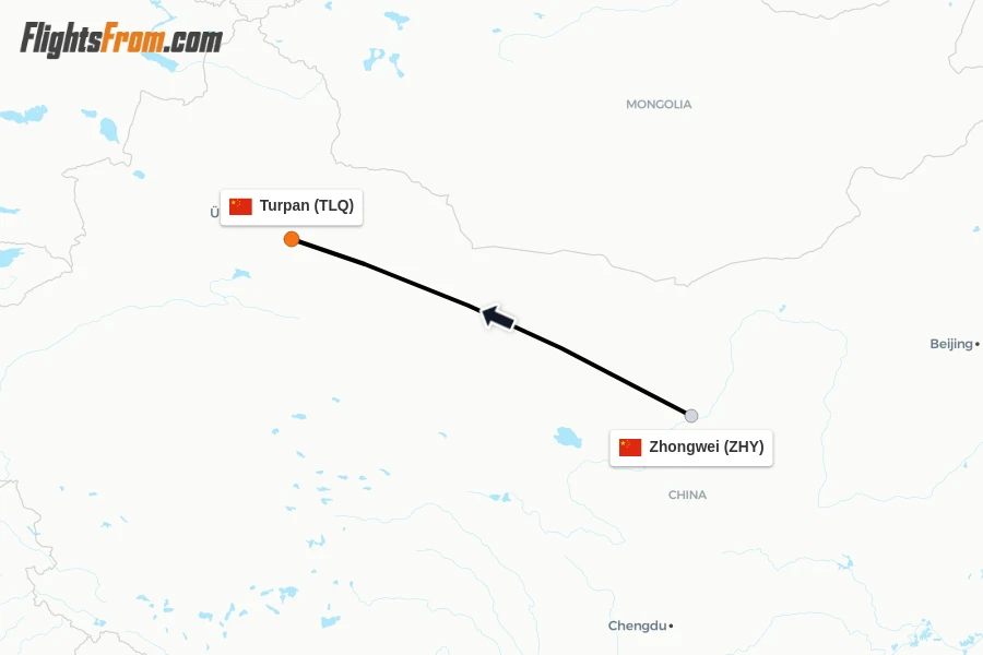 Flights from Zhongwei to Turpan route map