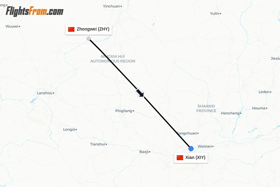 Flights from Zhongwei to Xian route map