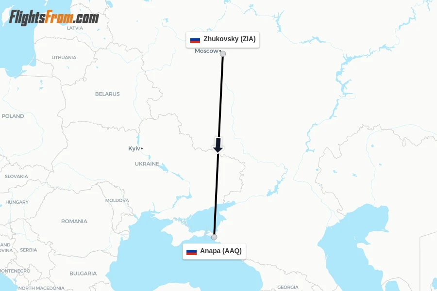Flights from Zhukovsky to Anapa route map