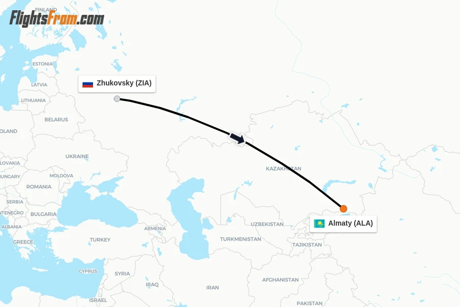Flights from Zhukovsky to Almaty route map