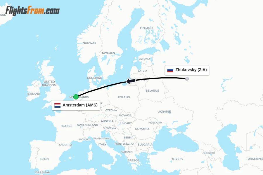 Flights from Zhukovsky to Amsterdam route map