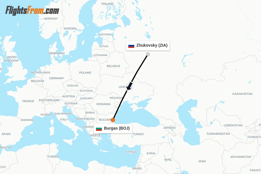 Flights from Zhukovsky to Burgas route map