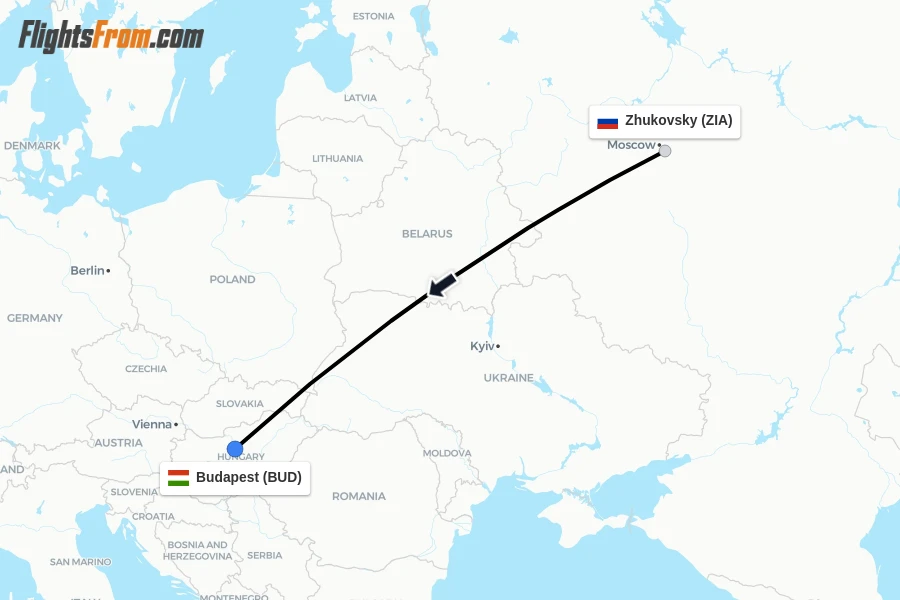 Flights from Zhukovsky to Budapest route map