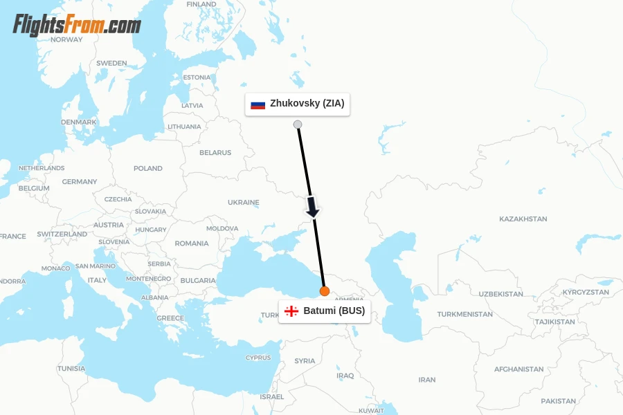 Flights from Zhukovsky to Batumi route map