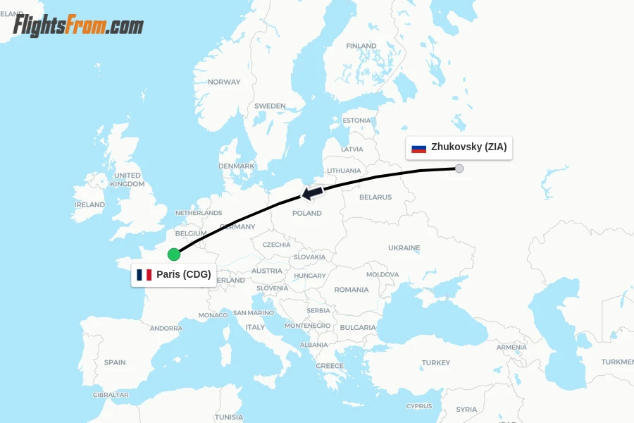Flights from Zhukovsky to Paris route map