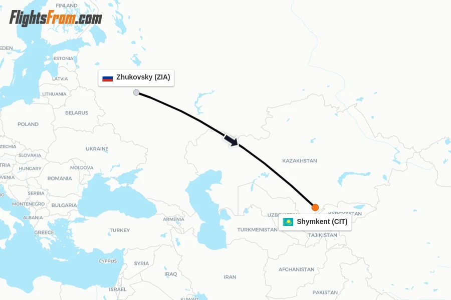 Flights from Zhukovsky to Shymkent route map