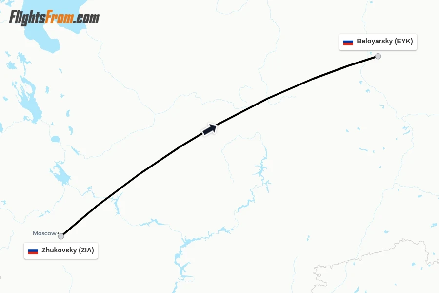 Flights from Zhukovsky to Beloyarsky route map