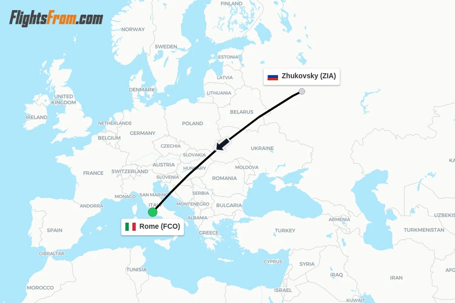 Flights from Zhukovsky to Rome route map