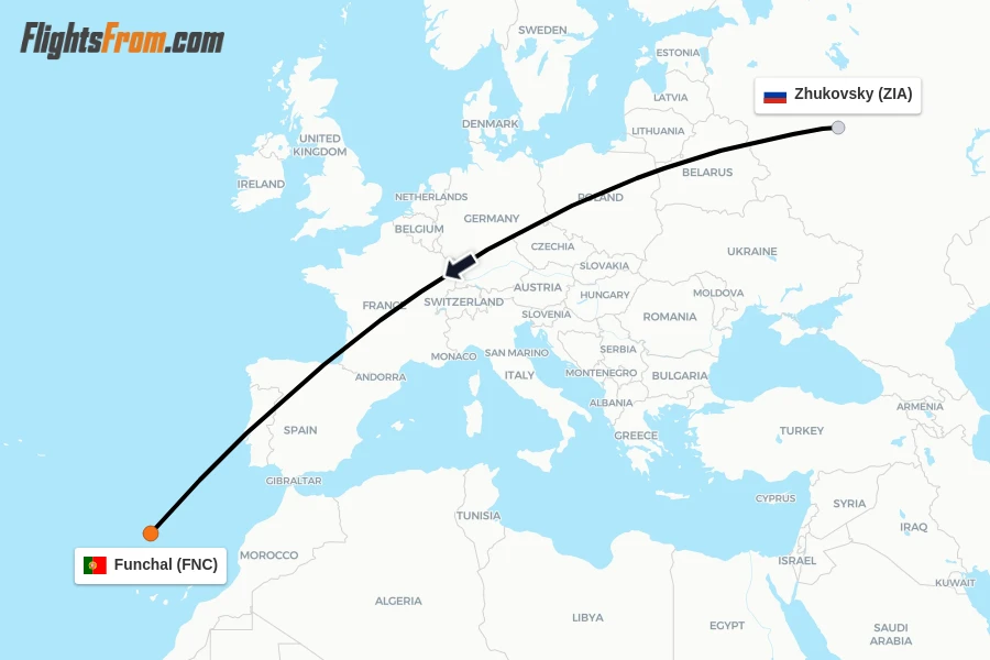 Flights from Zhukovsky to Funchal route map