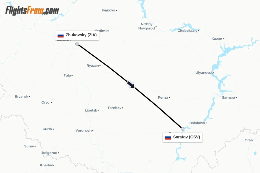 Flights from Zhukovsky to Saratov route map