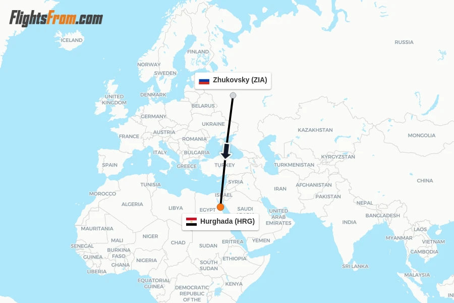 Flights from Zhukovsky to Hurghada route map