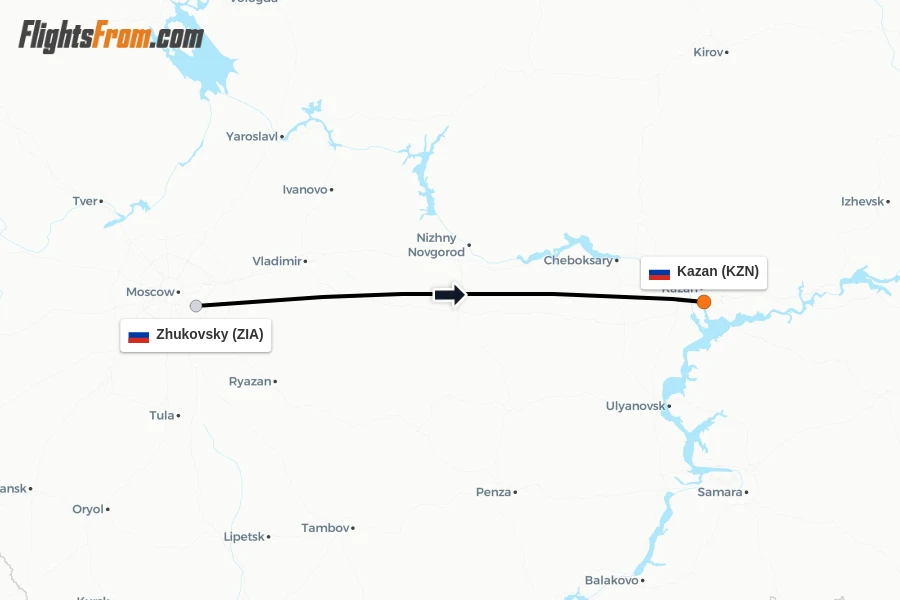 Flights from Zhukovsky to Kazan route map