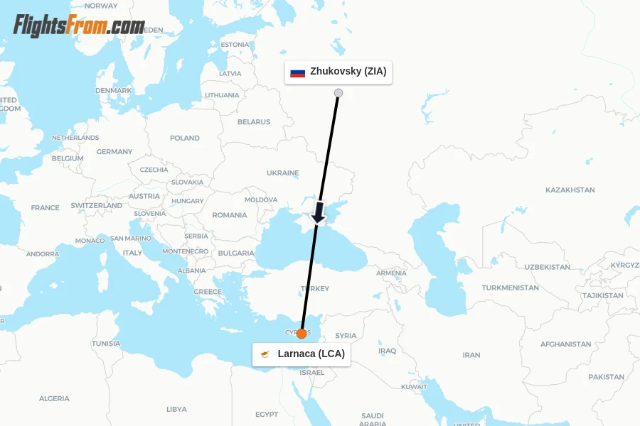 Flights from Zhukovsky to Larnaca route map