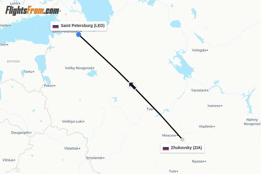 Flights from Zhukovsky to Saint Petersburg route map