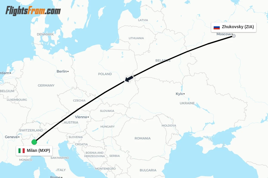 Flights from Zhukovsky to Milan route map