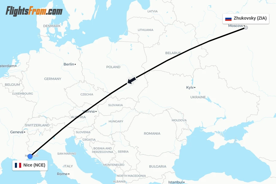 Flights from Zhukovsky to Nice route map