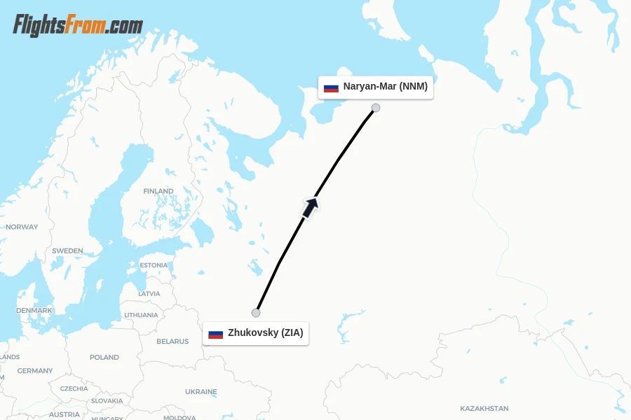 Flights from Zhukovsky to Naryan-Mar route map