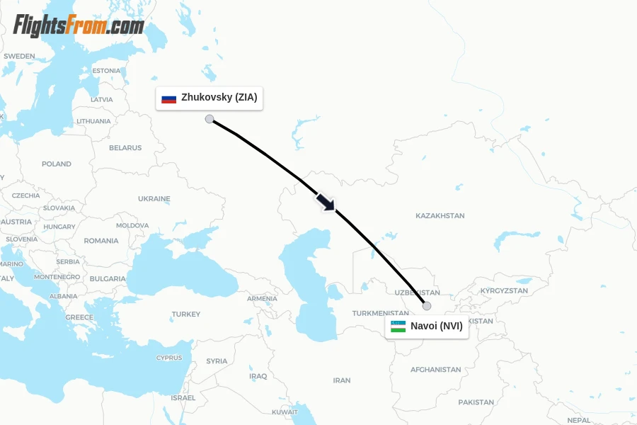 Flights from Zhukovsky to Navoi route map