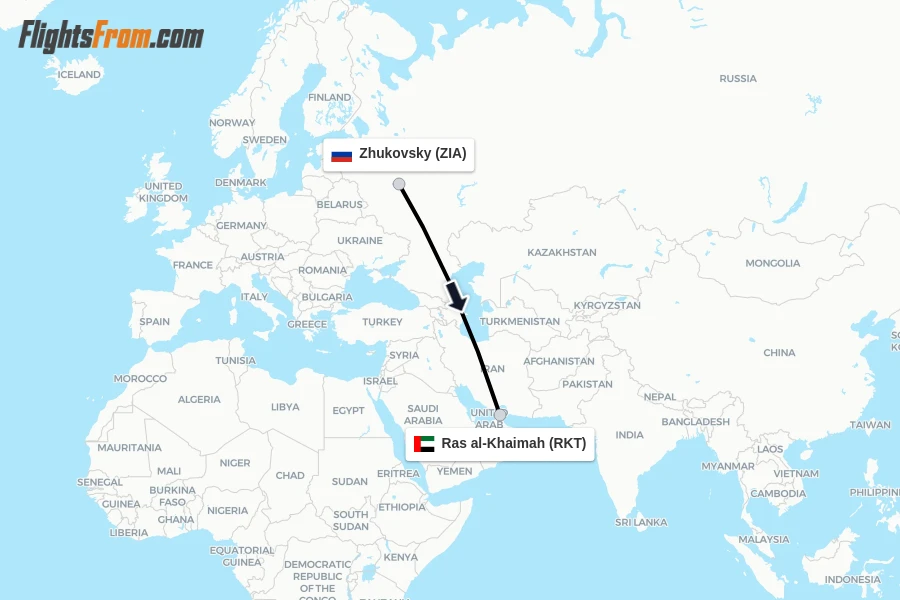 Flights from Zhukovsky to Ras al-Khaimah route map