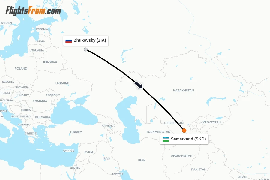 Flights from Zhukovsky to Samarkand route map
