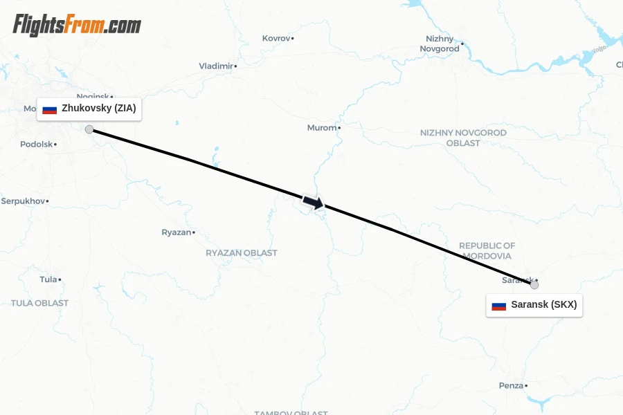 Flights from Zhukovsky to Saransk route map
