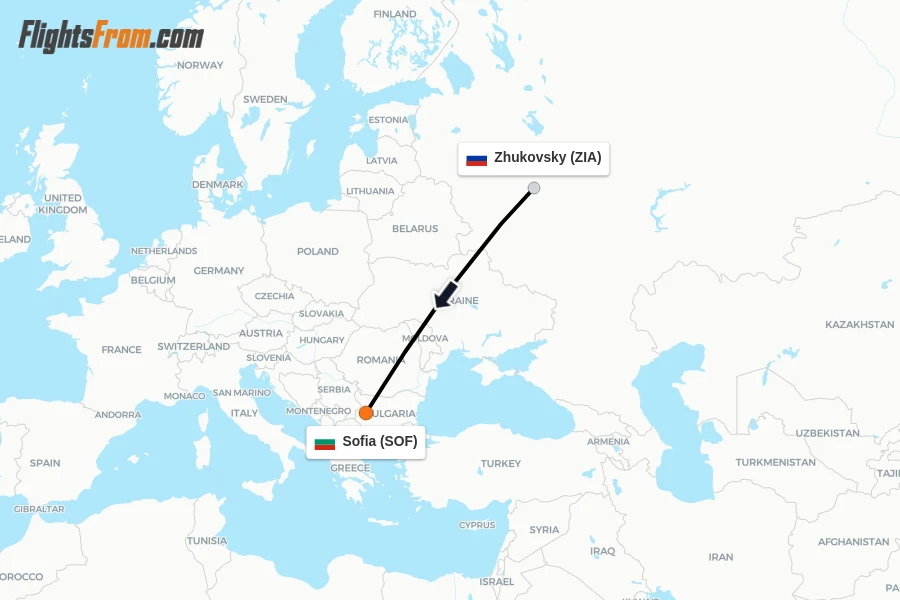 Flights from Zhukovsky to Sofia route map
