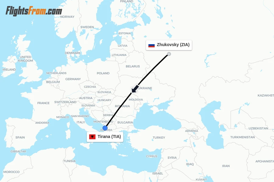 Flights from Zhukovsky to Tirana route map
