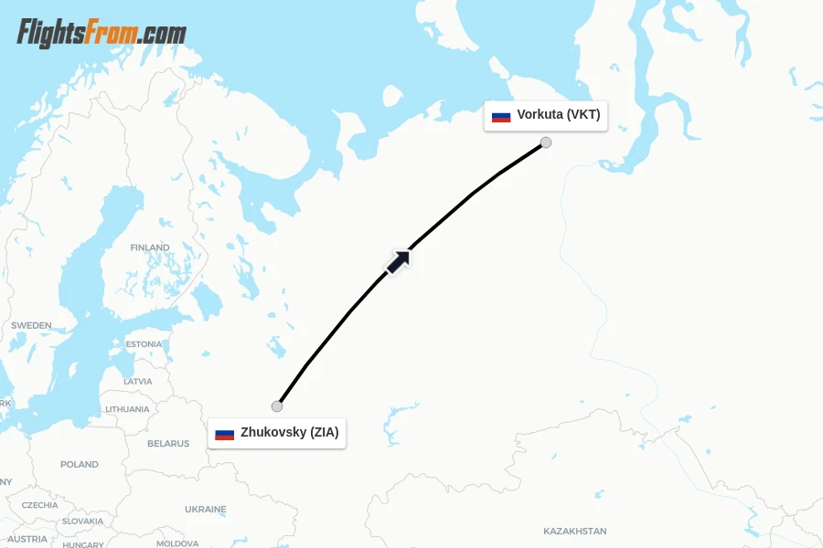 Flights from Zhukovsky to Vorkuta route map