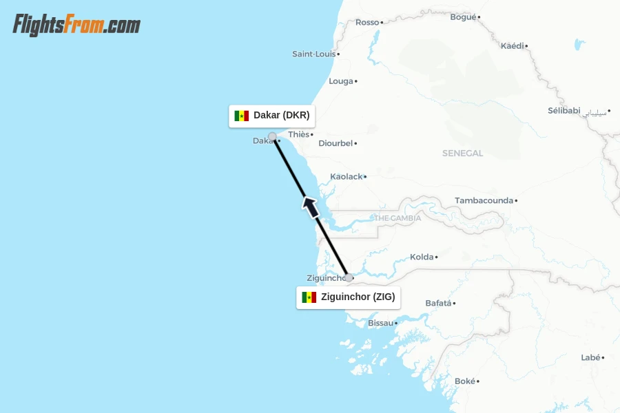 Flights from Ziguinchor to Dakar route map