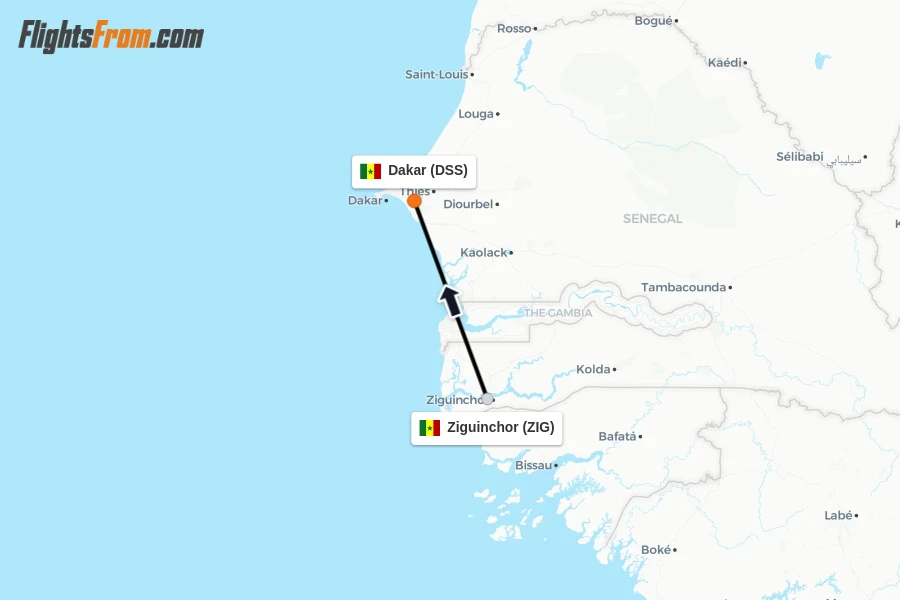 Flights from Ziguinchor to Dakar route map